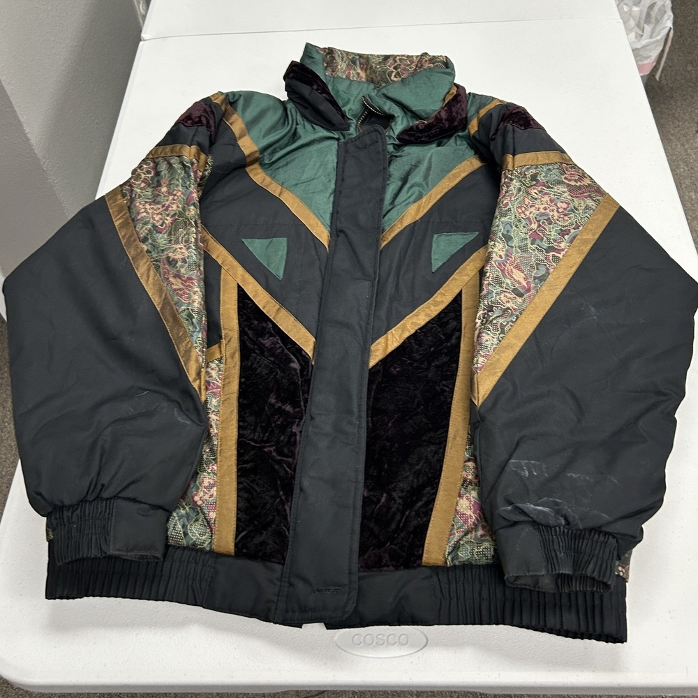 Casual Club Bomber Jacket Mens Large Black Green Paisley Velvet Vintage 90s C3
